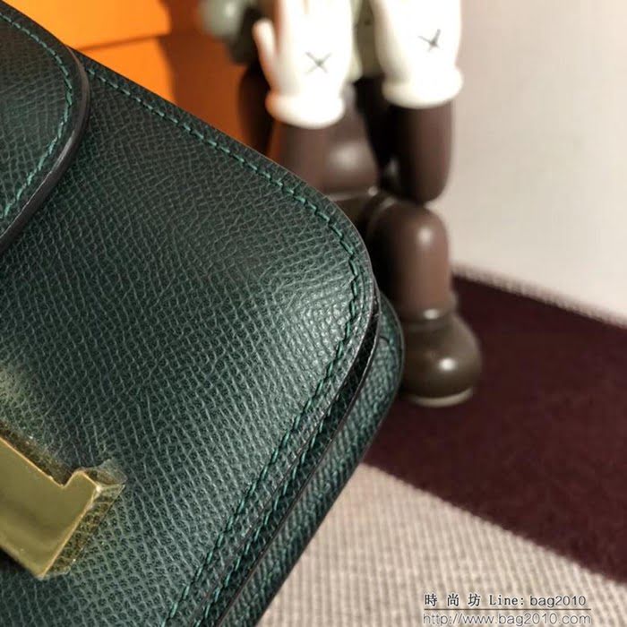 HERMES愛馬仕 空姐包 constance 英國綠 EPSOM 18cm 銀扣 蠟線縫製 單肩斜挎包  Ama1504